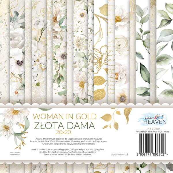 Sada oboustranně potištěných papírů PAPER HEAVEN 20x20 cm - Woman in Gold - sada 16 listů