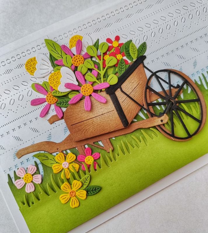 Přání ruční výroba - Trakař s květinami