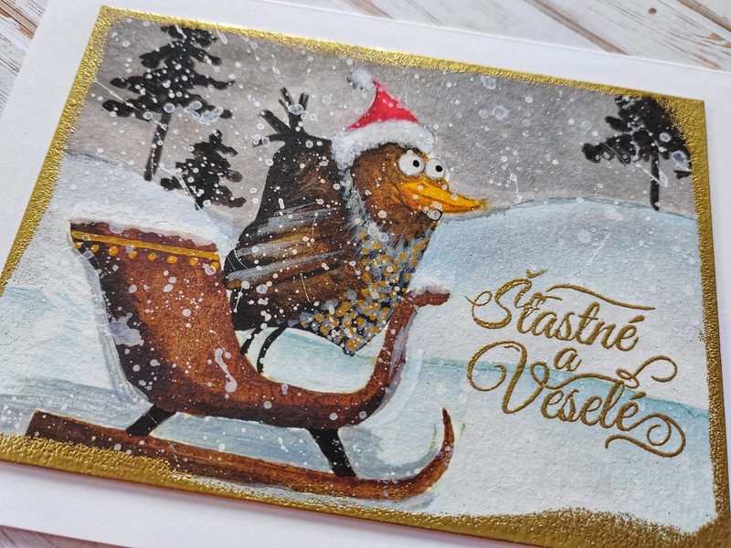 Přání ruční výroba - Ptáček na saních - 1 ks