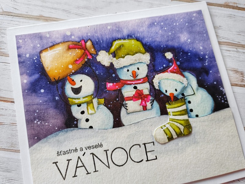 Přání ruční výroba - Sněhuláci - Veselé Vánoce - 1 ks