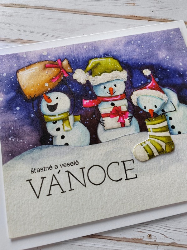 Přání ruční výroba - Sněhuláci - Veselé Vánoce - 1 ks