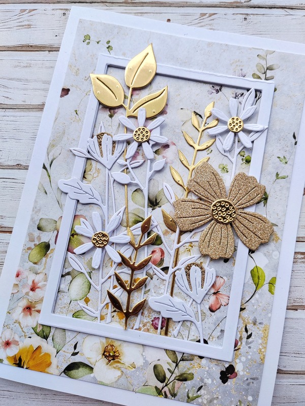 Přání ruční výroba - Květiny bílo-zlaté