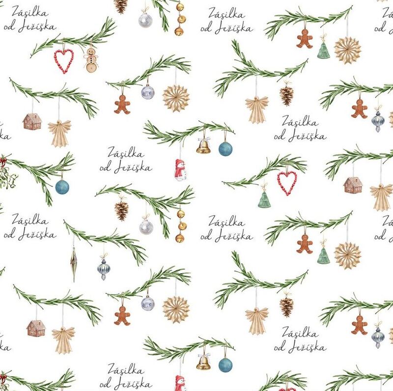 Vánoční balicí papír 70 x 100 cm - 125 g/m2 - Větvičky s ozdobami - 1 arch