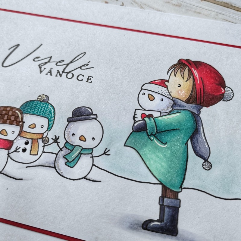 Přání ruční výroba - Holčička a sněhuláci - 1 ks