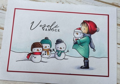 Přání ruční výroba - Holčička a sněhuláci - 1 ks