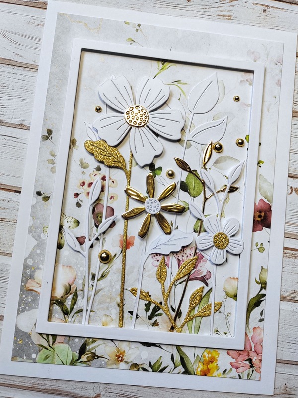 Přání ruční výroba - Květiny bílo-zlaté 2