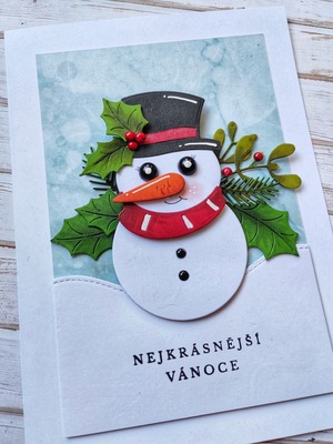 Přání ruční výroba - Sněhulák s cesmínou - 1 ks