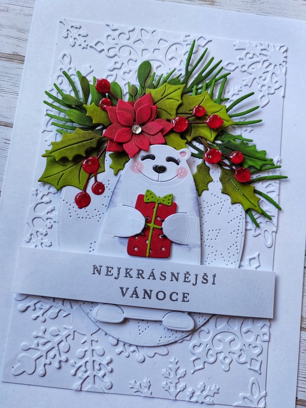 Přání ruční výroba - Lední medvěd s cesmínou - 1 ks