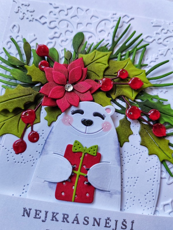 Přání ruční výroba - Lední medvěd s cesmínou - 1 ks