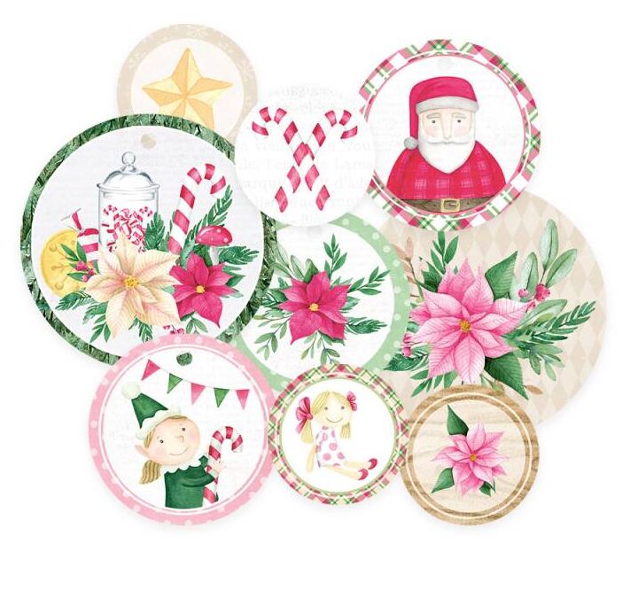 Dekorativní visačky kulaté P13 - Santa´s workshop - sada 9 ks