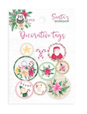 Dekorativní visačky kulaté P13 - Santa´s workshop - sada 9 ks