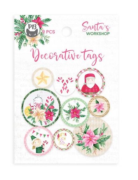 Dekorativní visačky kulaté P13 - Santa´s workshop - sada 9 ks