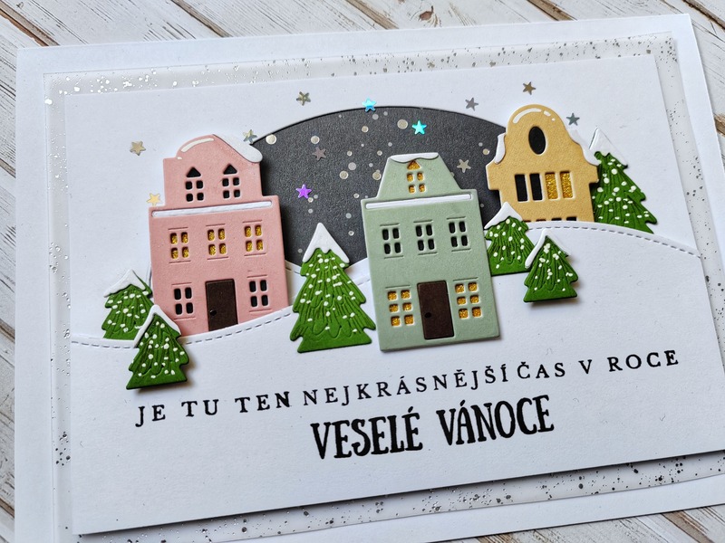 Přání ruční výroba - Veselé Vánoce - Domečky