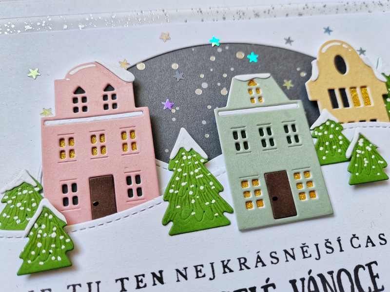 Přání ruční výroba - Veselé Vánoce - Domečky