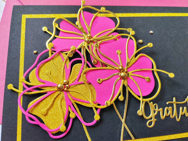 Přání ruční výroba - Květiny růžovo-zlaté