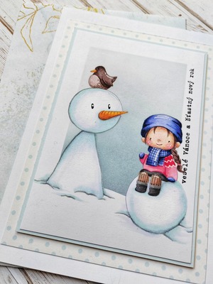 Přání ruční výroba - Sněhulák a holčička - 1 ks