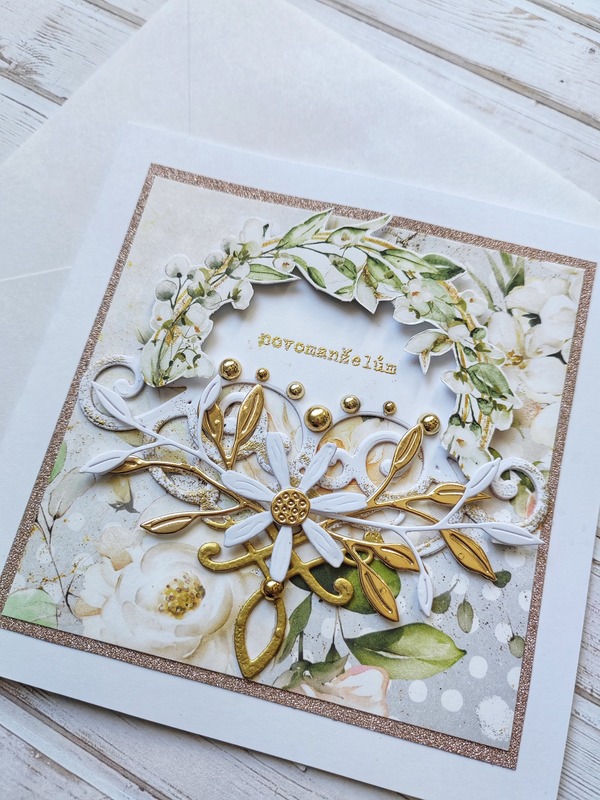 Přání ruční výroba - Květiny bílo-zlaté 4