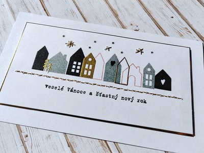 Přání ruční výroba - Vánoční domečky s vyšíváním - 1 ks