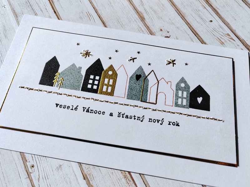 Přání ruční výroba - Vánoční domečky s vyšíváním - 1 ks