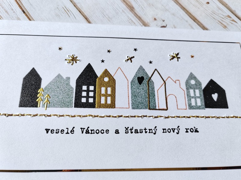 Přání ruční výroba - Vánoční domečky s vyšíváním - 1 ks