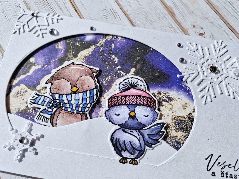 Přání ruční výroba - Sovičky s vločkami - 1 ks