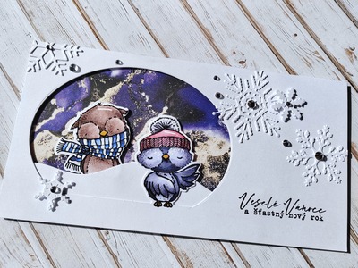 Přání ruční výroba - Sovičky s vločkami - 1 ks