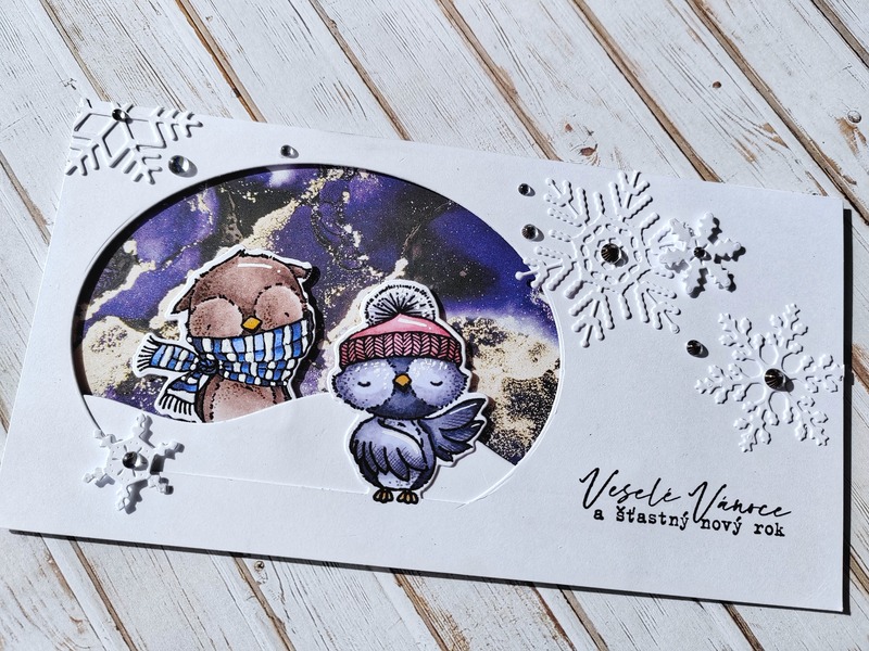 Přání ruční výroba - Sovičky s vločkami - 1 ks