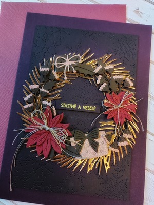 Přání ruční výroba - Vánoční věnec - tmavě fialové - 1 ks