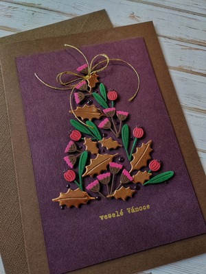 Přání ruční výroba - Vánoční stromek - tmavě fialové - 1 ks