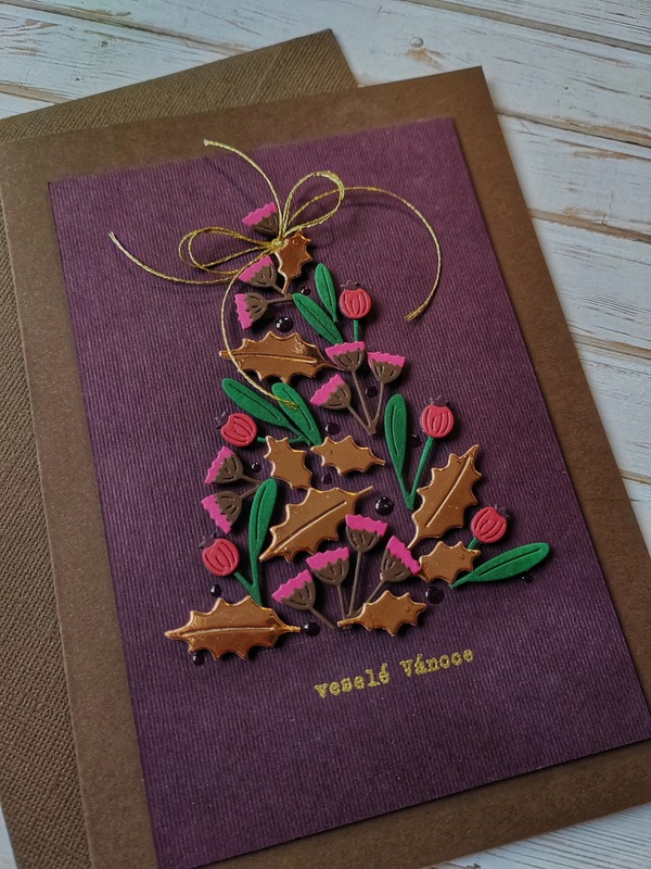 Přání ruční výroba - Vánoční stromek - tmavě fialové - 1 ks