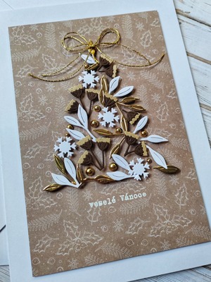 Přání ruční výroba - Vánoční stromek - béžovo-zlaté - 1 ks