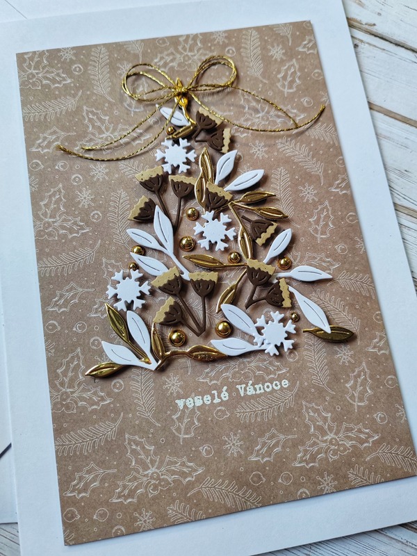 Přání ruční výroba - Vánoční stromek - béžovo-zlaté - 1 ks