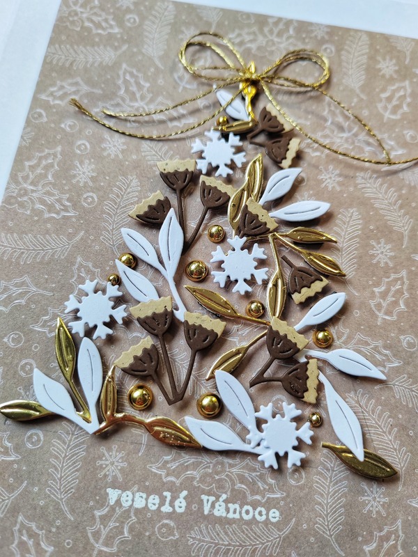 Přání ruční výroba - Vánoční stromek - béžovo-zlaté - 1 ks