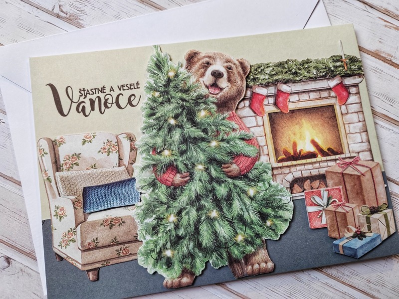 Přání ruční výroba - Vánoční pohoda u krbu - 1 ks