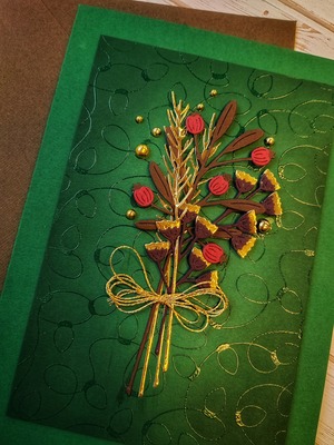 Přání ruční výroba - Vánoční květiny - tmavě zelené - 1 ks