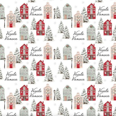 Vánoční balicí papír 70 x 100 cm - 100 g/m2 - Veselé Vánoce (červené domky) - 1 arch