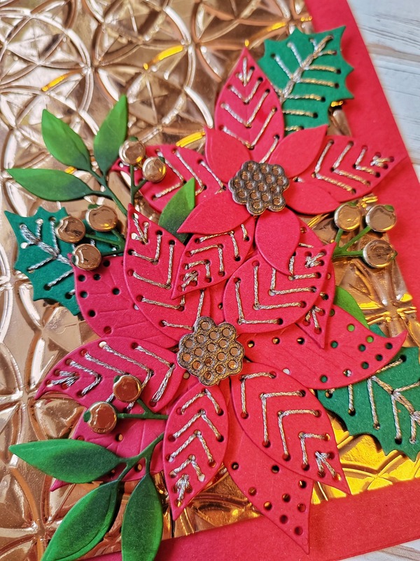 Přání ruční výroba - Vánoční hvězda - vyšívaná - 1 ks