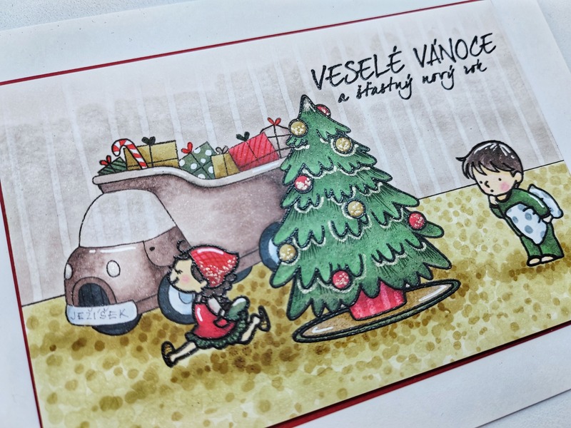 Přání ruční výroba - Vánoční stromek a děti - 1 ks