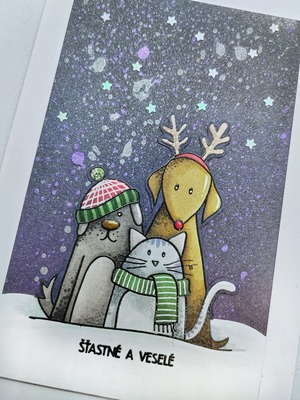 Přání ruční výroba - Vánoční čas - Zvířátka v noci - 1 ks