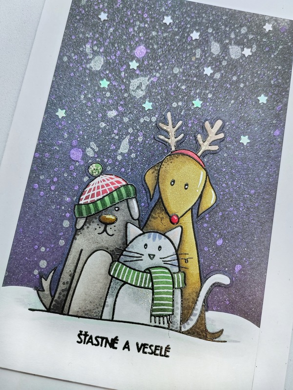 Přání ruční výroba - Vánoční čas - Zvířátka v noci - 1 ks