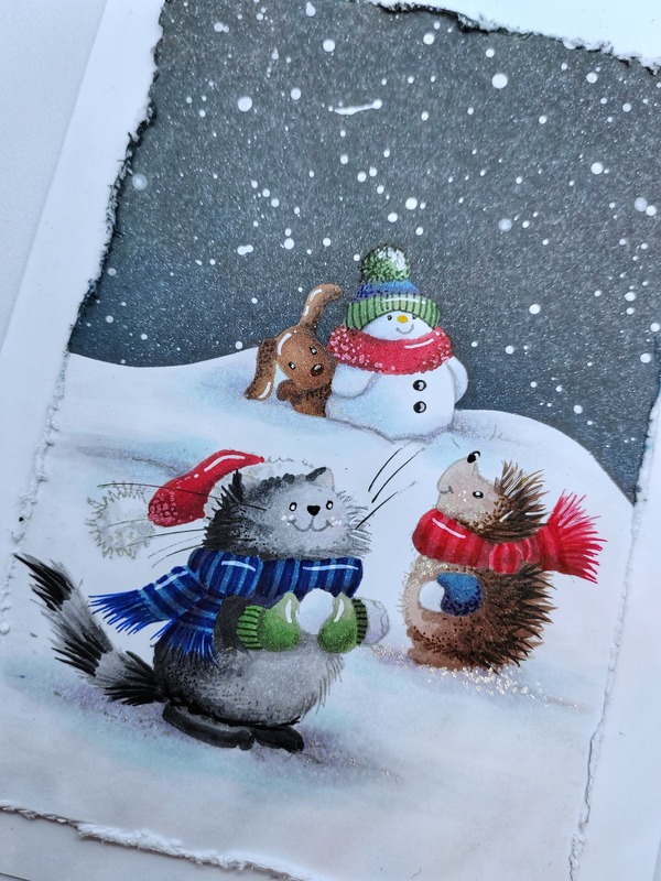 Přání ruční výroba - Noční zima - sněhové radovánky 2