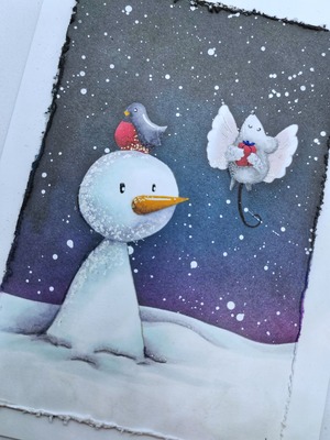 Přání ruční výroba - Noční zima - sněhové radovánky 4 - 1 ks