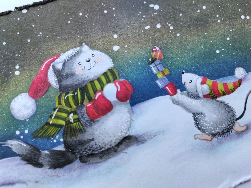 Přání ruční výroba - Noční zima - sněhové radovánky 5