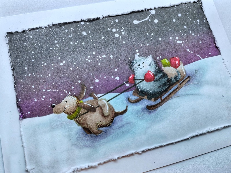 Přání ruční výroba - Noční zima - sněhové radovánky 6