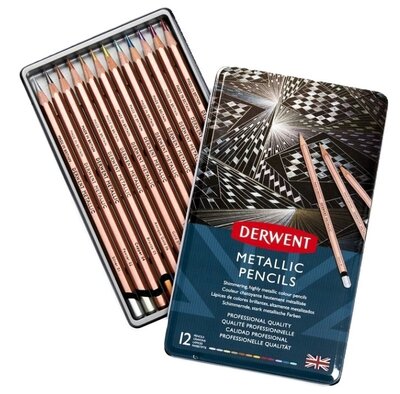 Metalické pastelky DERWENT v kovové krabičce - sada 12 ks