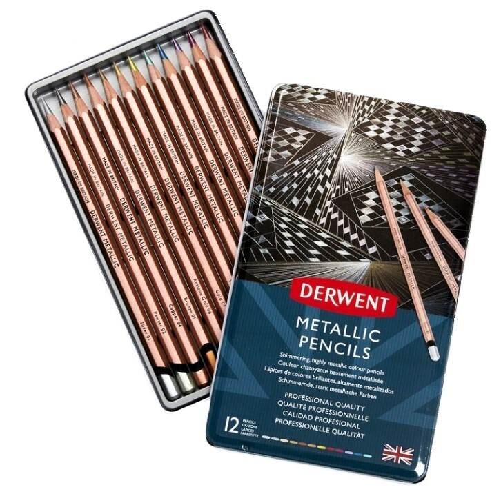 Metalické pastelky DERWENT v kovové krabičce - sada 12 ks