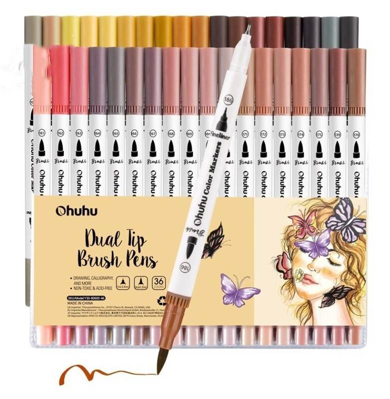 Akvarelové fixy se dvěma hroty OHUHU - barvy pleti - sada 36 ks