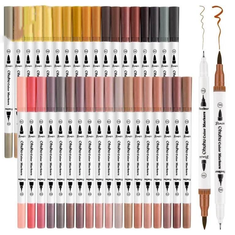 Akvarelové fixy se dvěma hroty OHUHU - barvy pleti - sada 36 ks