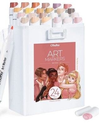 Alkoholové fixy se dvěma hroty OHUHU - barvy pleti - sada 24 ks