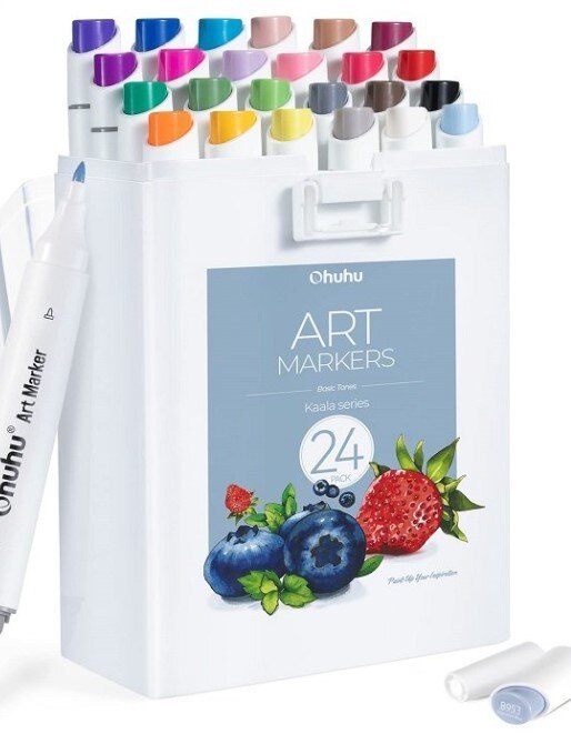 Alkoholové fixy se dvěma hroty OHUHU 24 ks - základní tóny - sada 24 ks